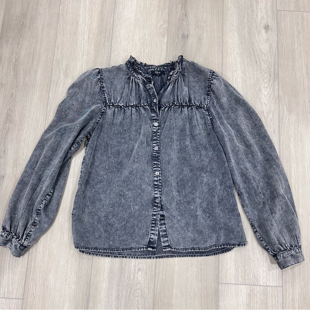 Rails Camille button down shirt Linen Blend black acid wash grey small Ruffle - Picture 4 of 9